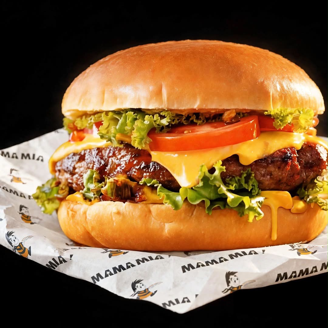 Mama Mia Pizzas Facebook ad: ¡ES UNA HAMBURGUESA CLÁSICA DE ¡MAMÁ MÍA!