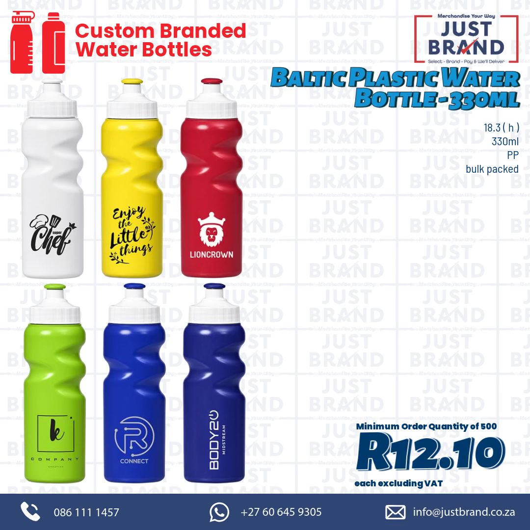 Just Brand - Branded Merchandise Your Way Facebook ad: Baltic Plastic Water Bottle, 330ml, R12.10 ex VAT (MOQ: 500)