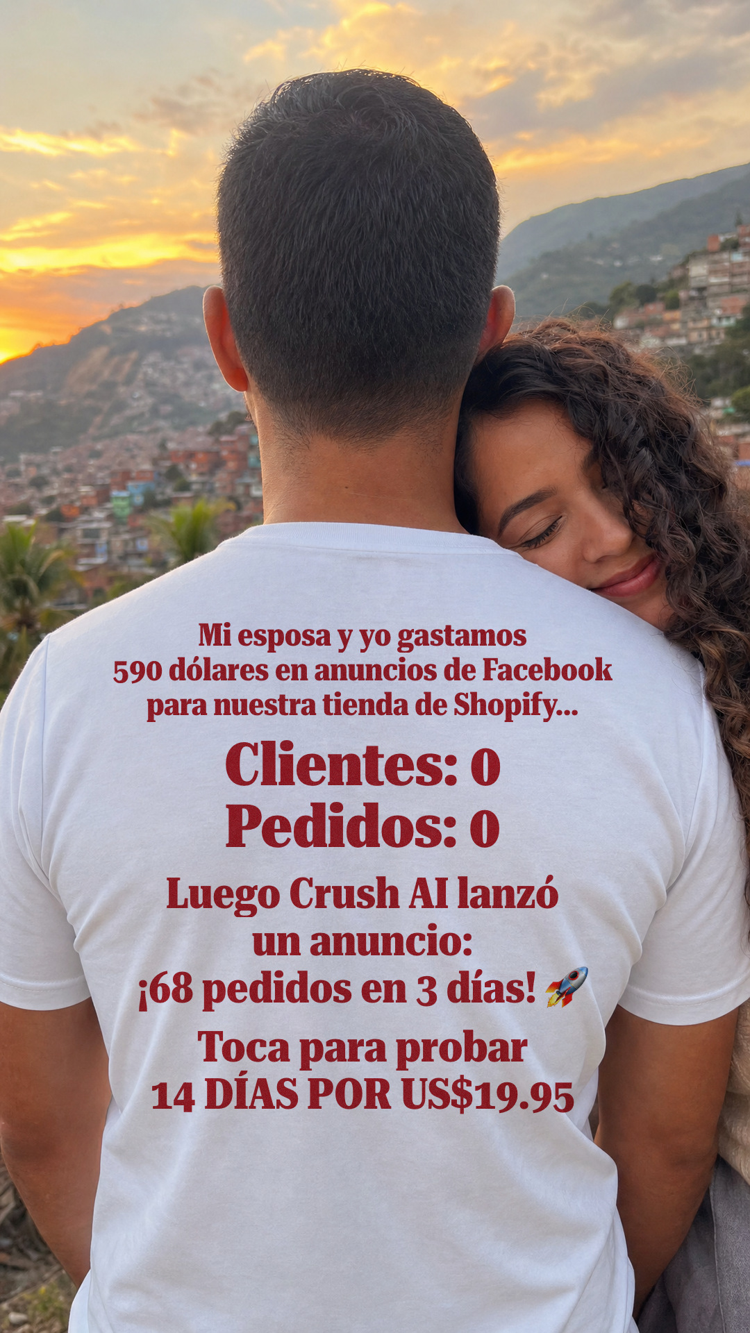 trycrush.ai Facebook ad: 590 dólares y 0 pedidos. Luego, 68 en 3 días