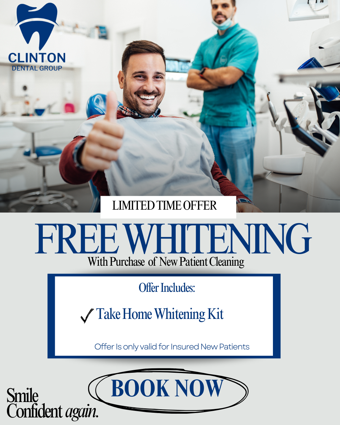 Clinton Dental Group Facebook ad: Elevate Your Smile, Cleaning + Free Whitening Kit!