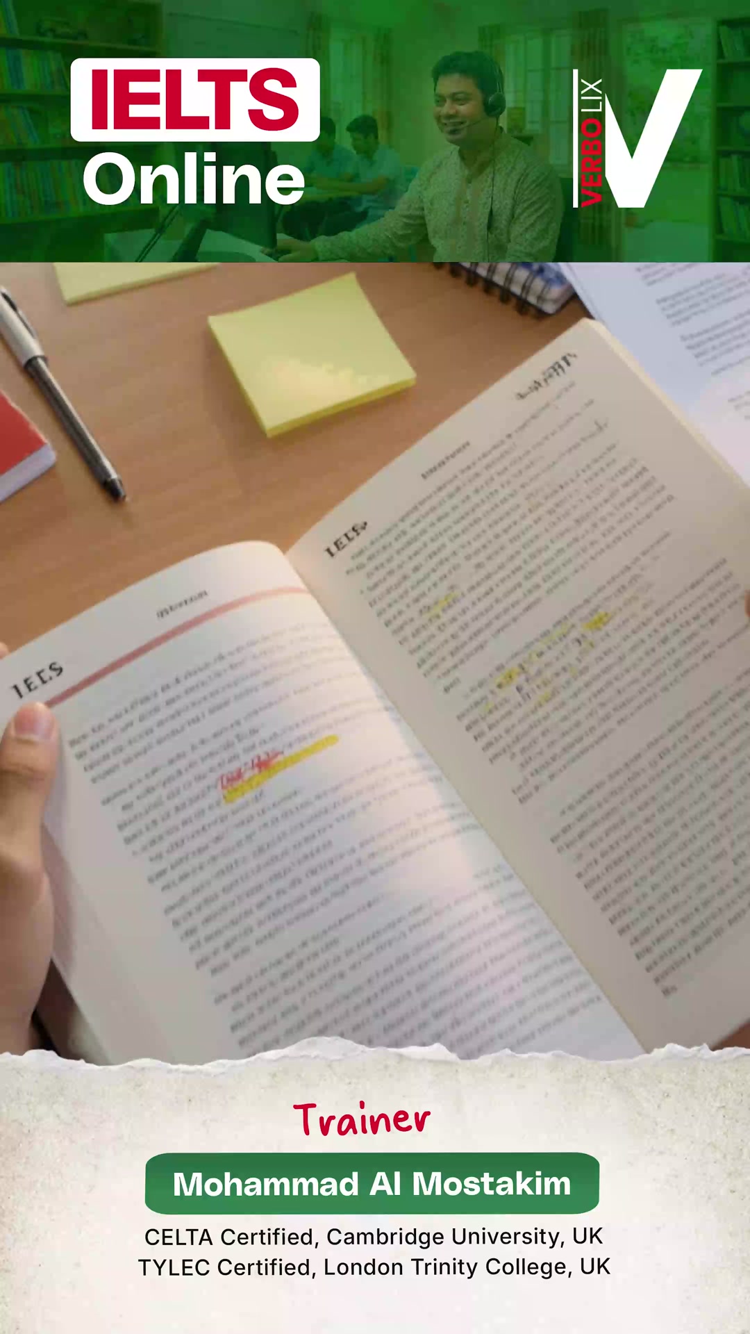Verbolix = Mostakim IELTS Facebook ad: IELTS Course-এর সাথে ৮ ঘণ্টার Practice Class, একদম FREE!