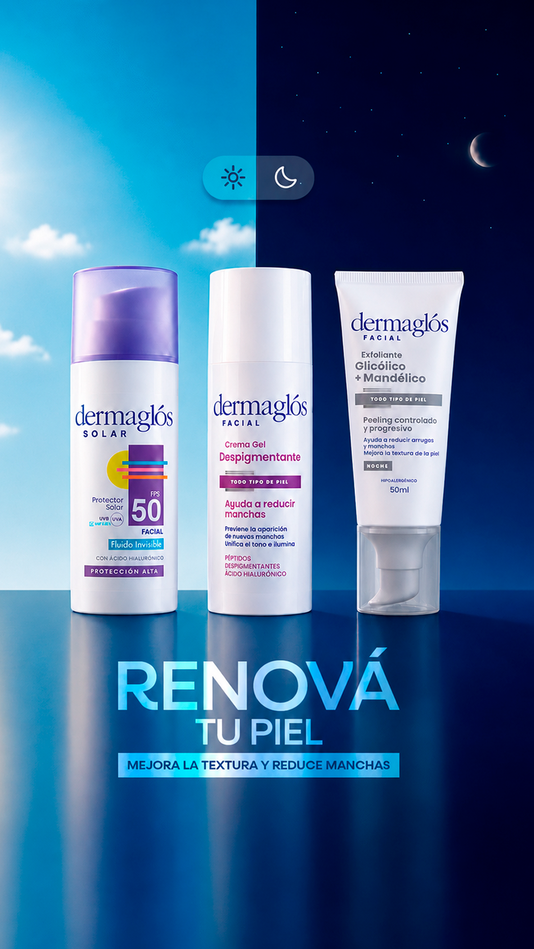 Dermaglós Facebook ad: ¿Manchas? ¡Esta es tu rutina!