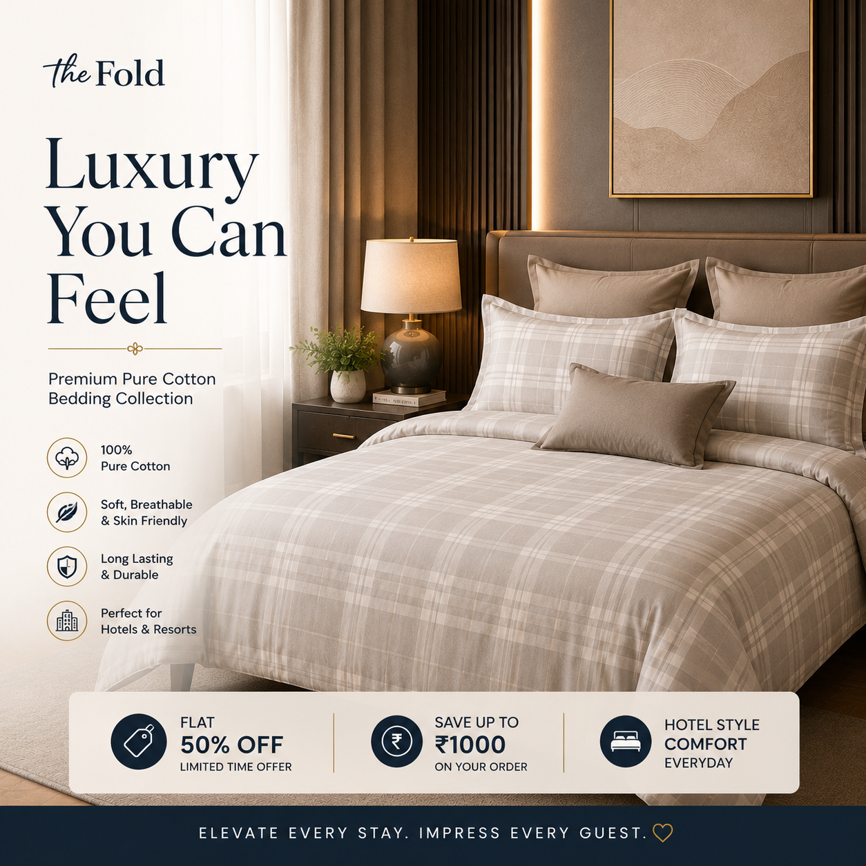 The fold by ar vora and co Facebook ad: Flat 50% OFF Premium Bedsheets
