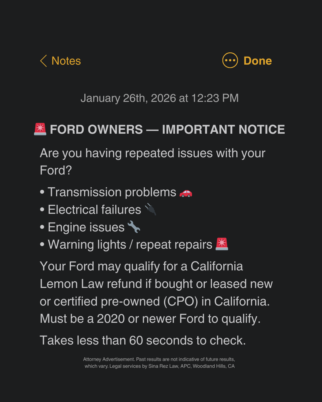 Sina Rez Law Facebook ad: How Ford Drivers Start Their Lemon Law Claim