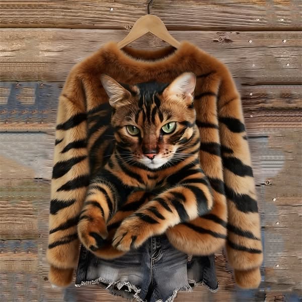 Helens Facebook ad: Cozy plush sweatshirt with tiger and tabby cat pattern