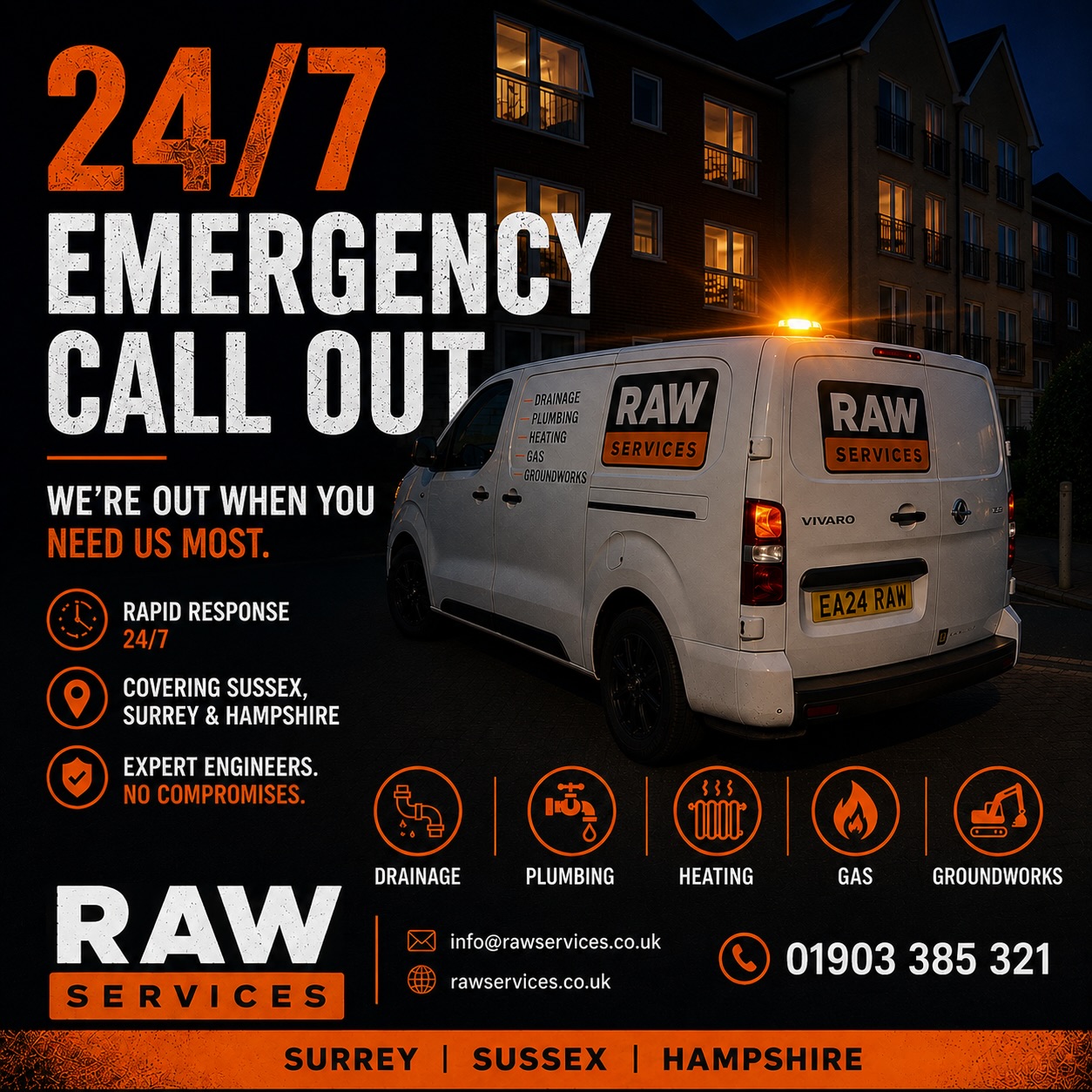 Raw Services Facebook ad: 24/7 Emergency Call Out