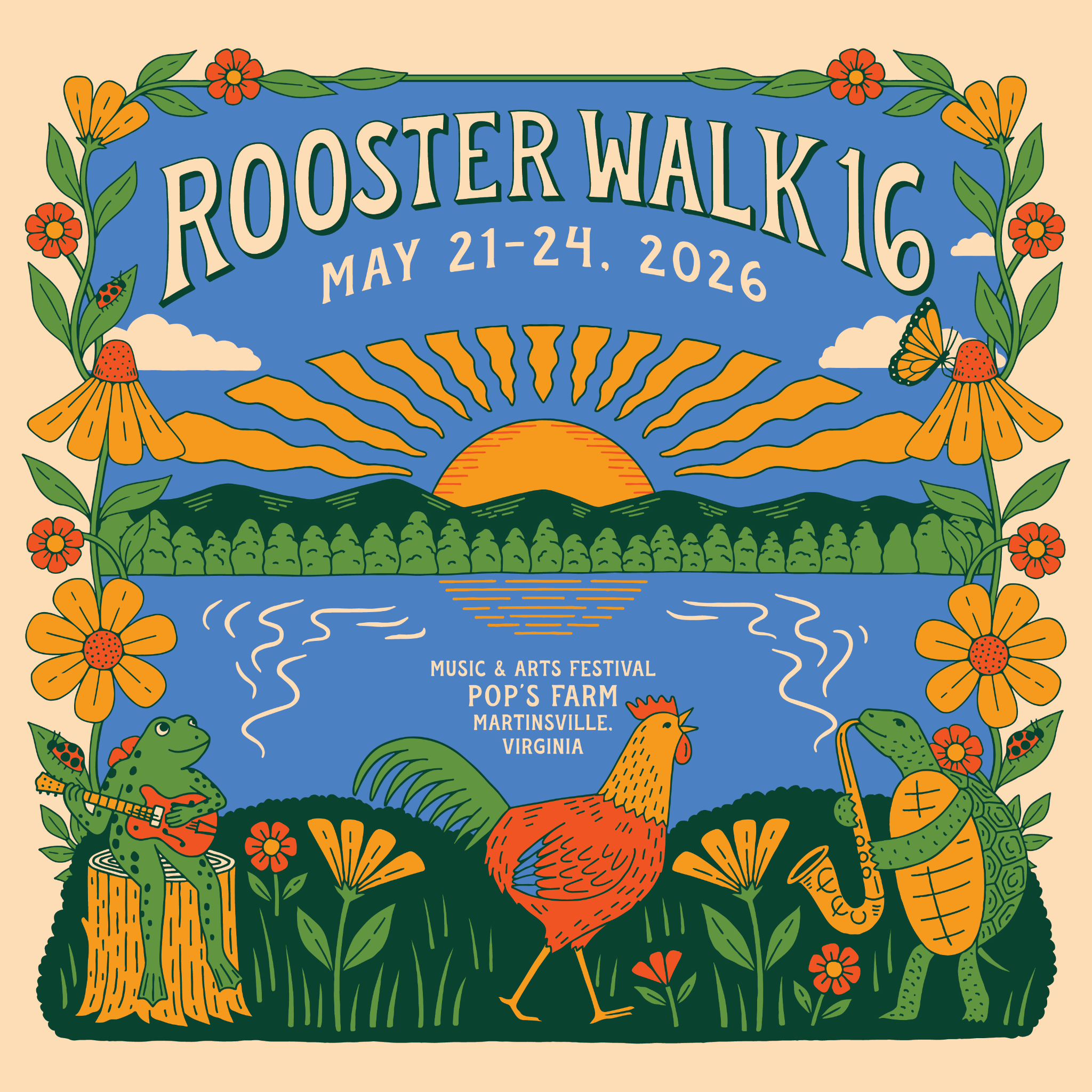 Rooster Walk Facebook ad: Rooster Walk 16 Music & Arts Festival (May 21-24, 2026)