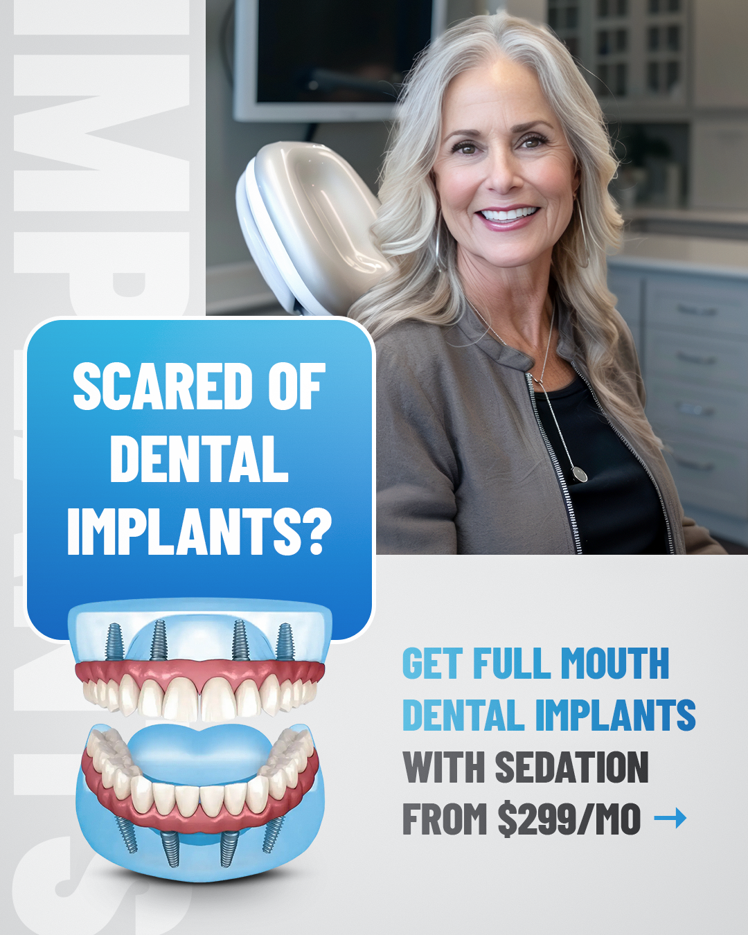 Towson Smile Care Facebook ad: Scared Of Implants? Sleep Through It Avoided Dentist…