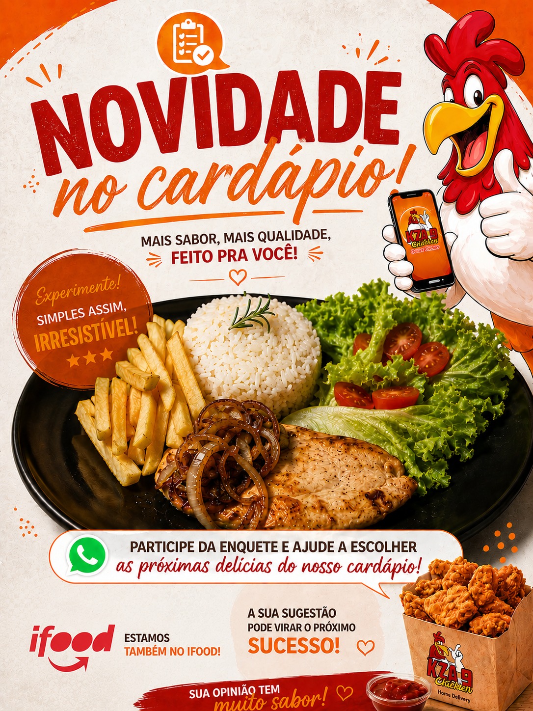 Kza 9 chicken delivery Facebook ad: Filé de Frango Grelhado com Cebola Caramelizada