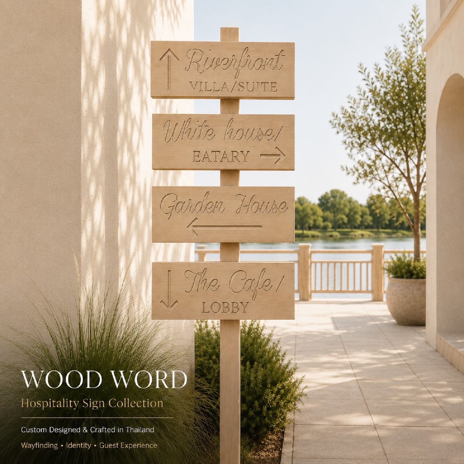 Wood Word Facebook ad: ทำไมรีสอร์ตระดับดี ถึงไม่ใช้ป้ายสำเร็จรูป?