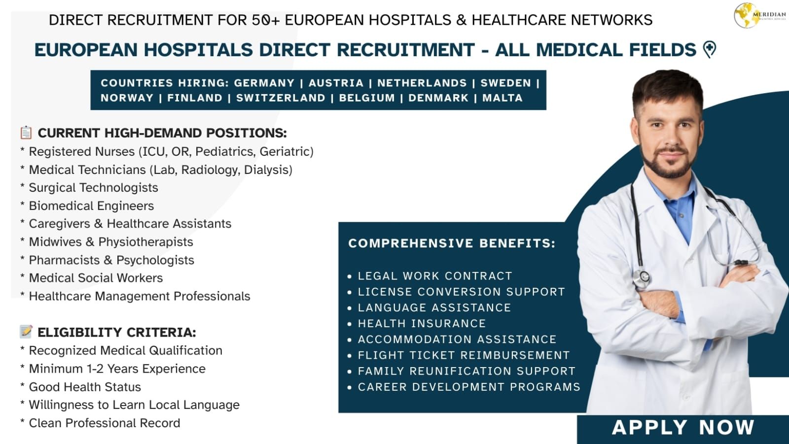 Meridian Migration Services Facebook ad: EUROPEAN HOSPITALS DIRECT RECRUITMENT - ALL MEDICAL FIELDS