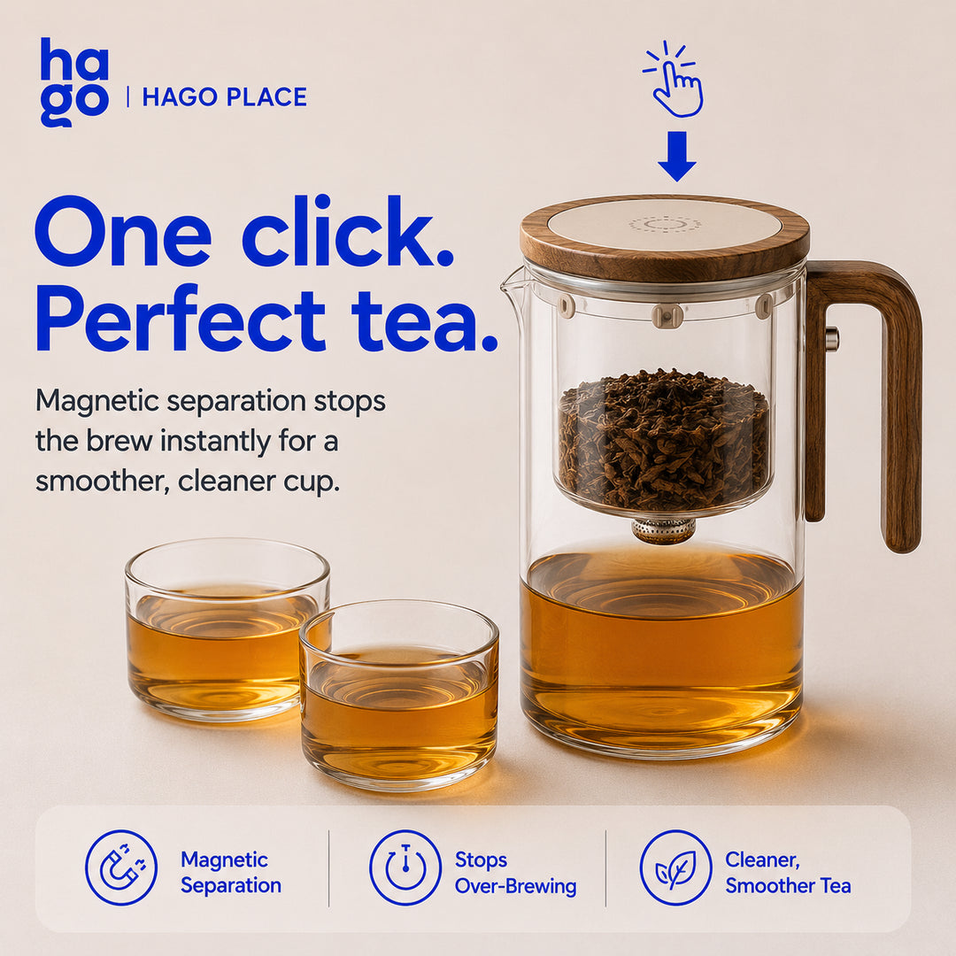 Hago Facebook ad: One glass pot for steeping, separating and serving…