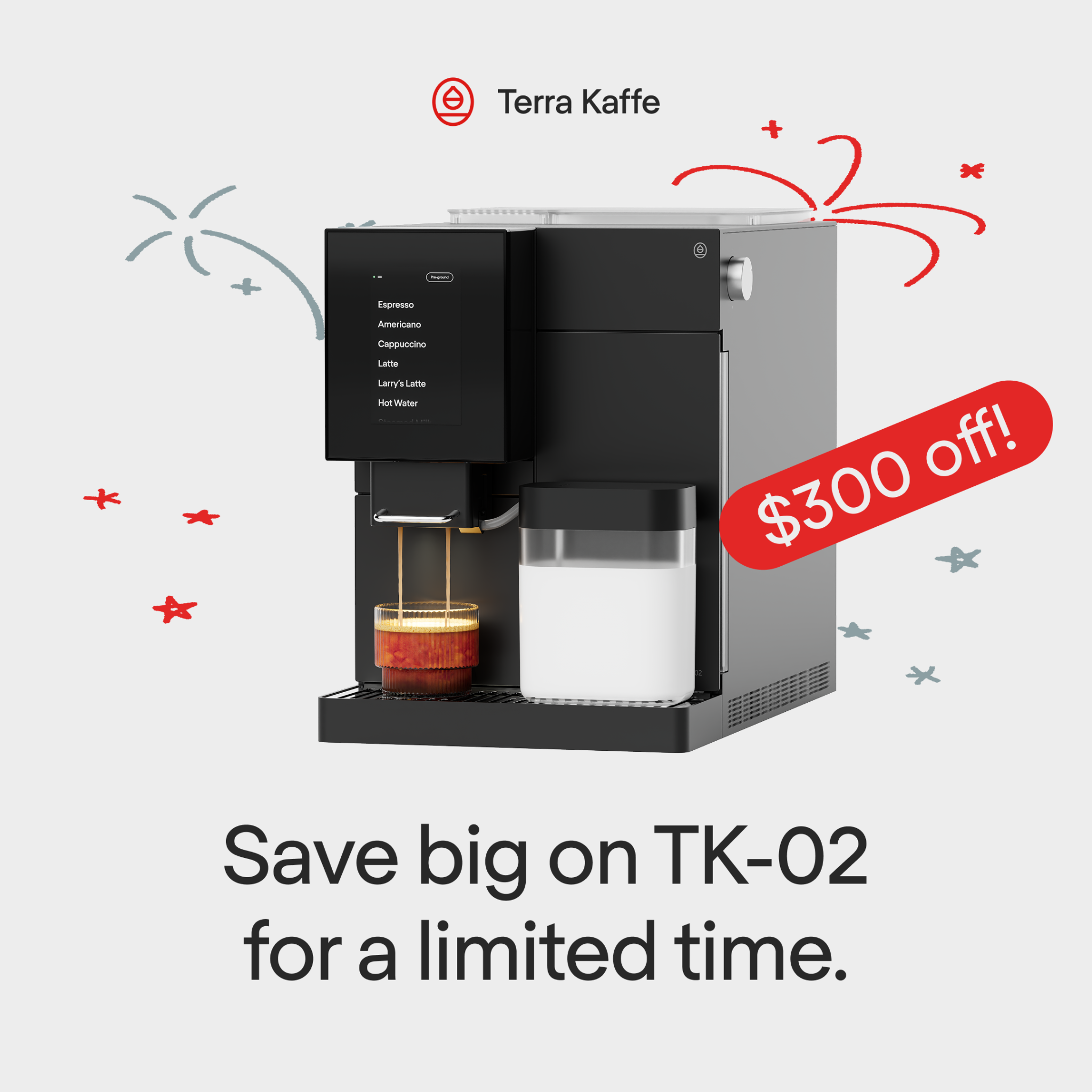 Terra Kaffe Facebook ad: Espresso + drip. Under $800.