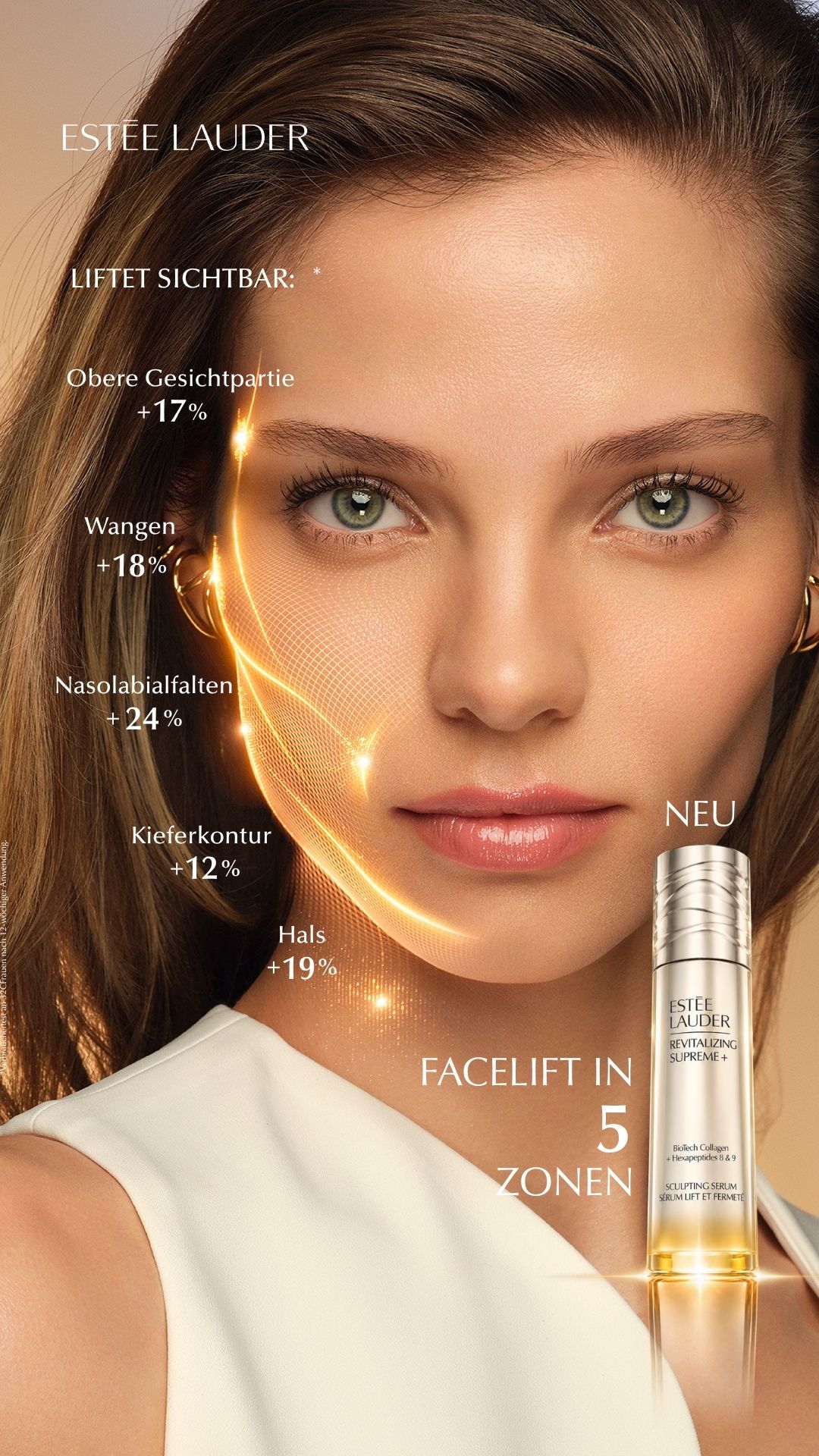 Estée Lauder Germany Facebook ad: NEU: FACELIFT IN 5 ZONEN