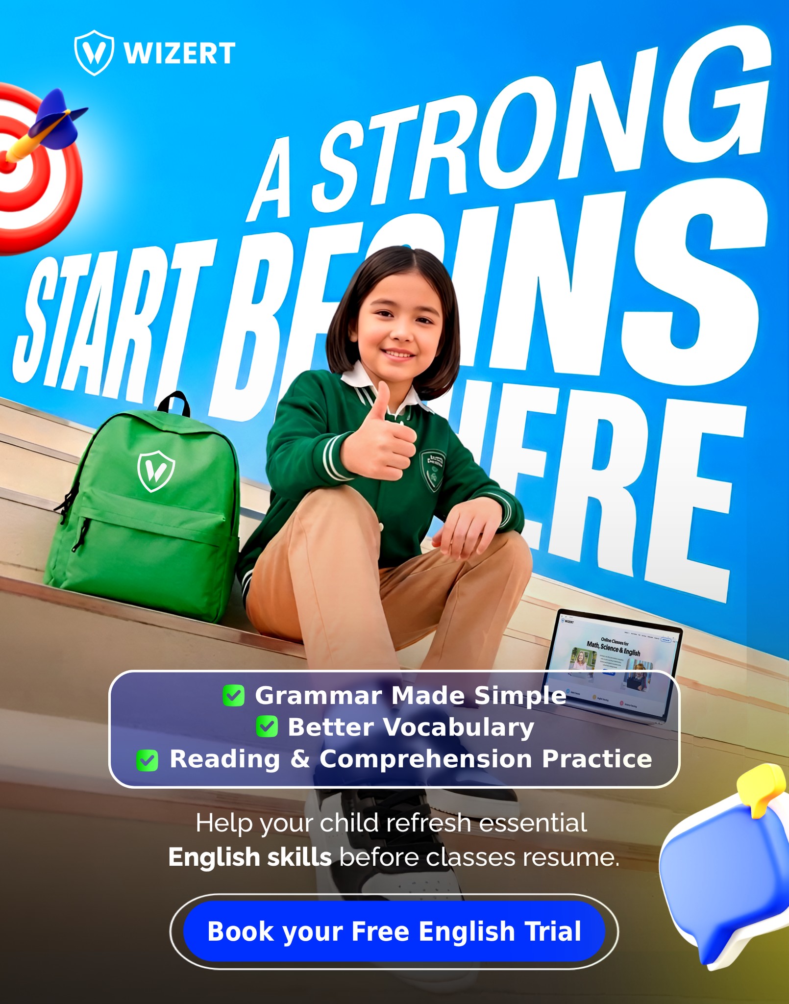 Wizert Facebook ad: Give your child the language skills to shine!