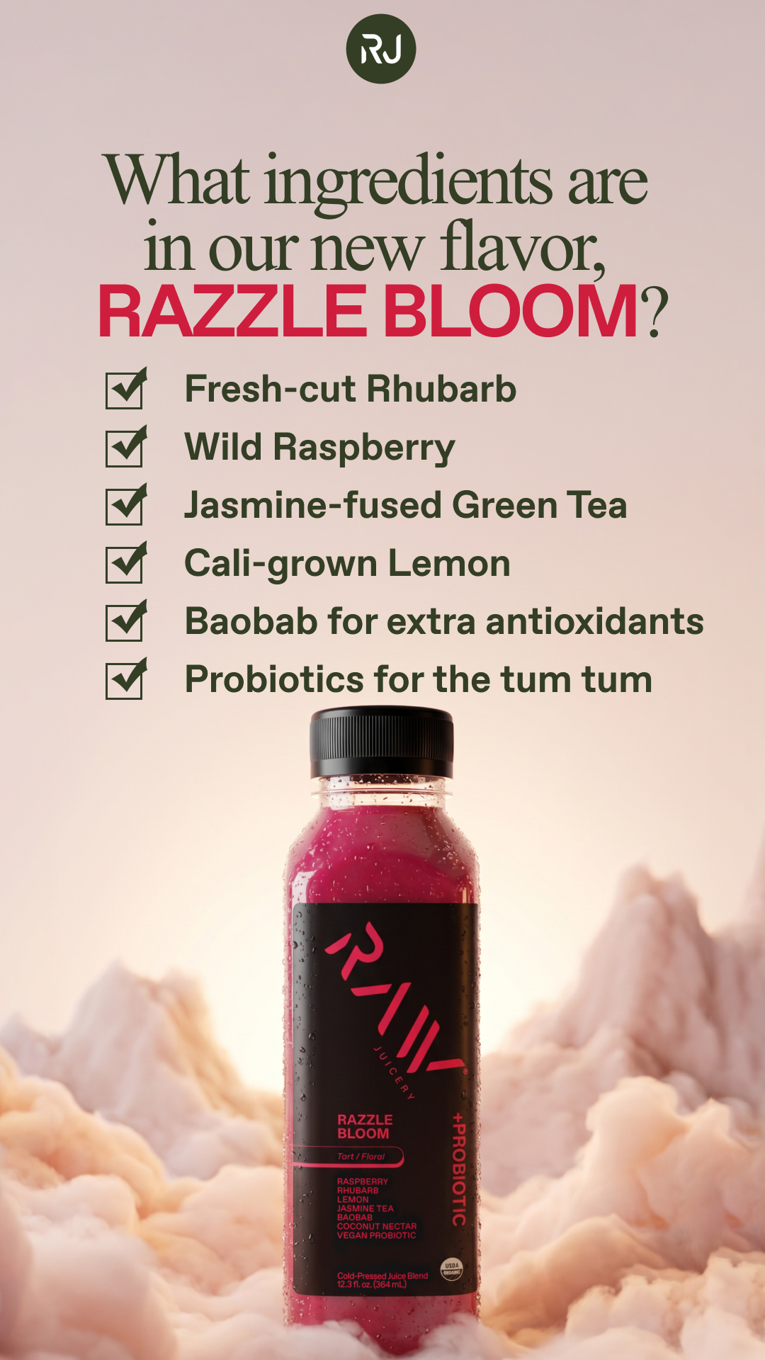 Raw Juicery Facebook ad: Inside our Newest Flavor Razzle Bloom