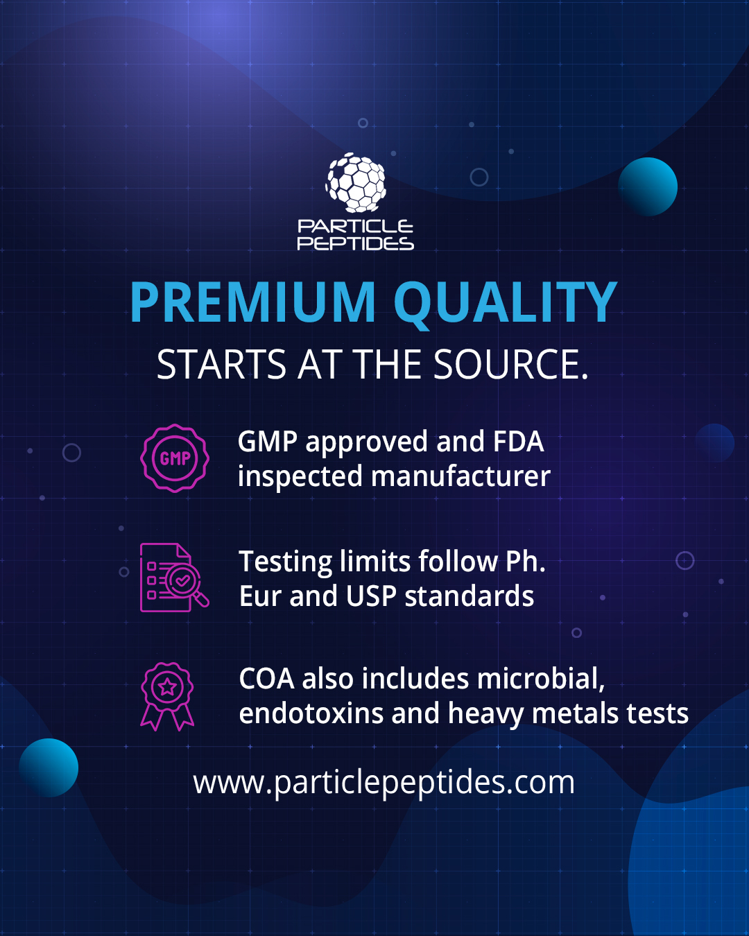 Particle Peptides Facebook ad: Premium quality peptides