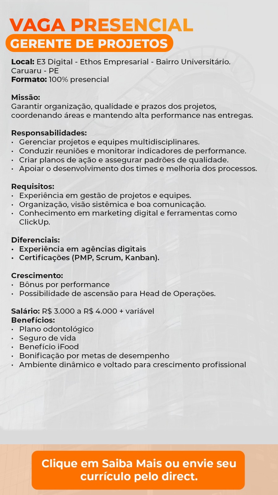 E3 Digital Facebook ad: VAGA ABERTA: GERENTE DE PROJETOS