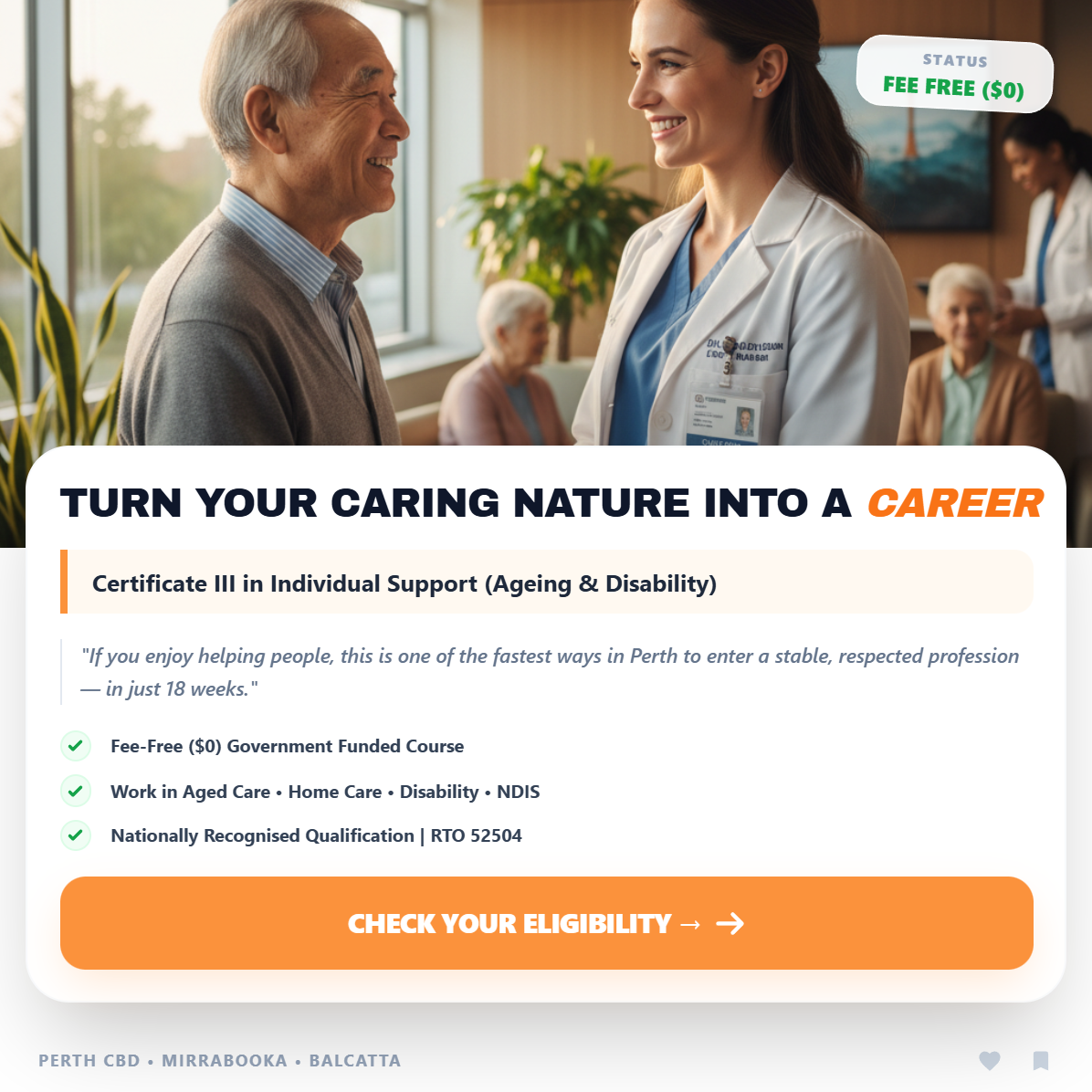 LearnEd Training Facebook ad: $0 Fees - Start Your Career in Aged Care & Disability