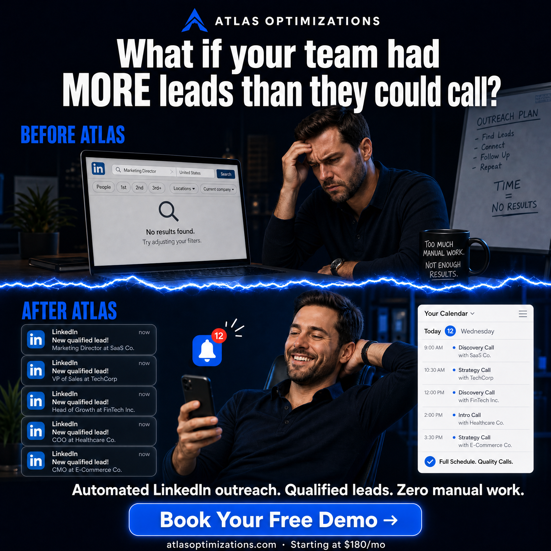 Atlas Optimizations Facebook ad: Get B2B leads booked automatically on your calendar