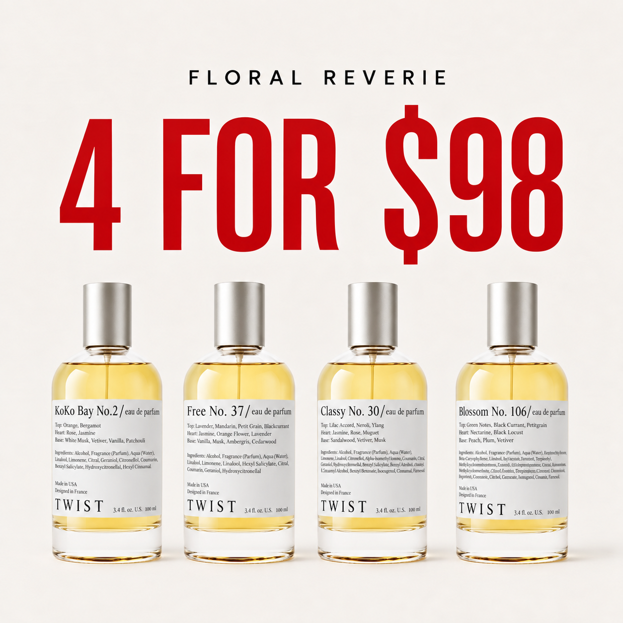 Twist Perfumes Facebook ad: 4 Designer-Inspired Florals for $98