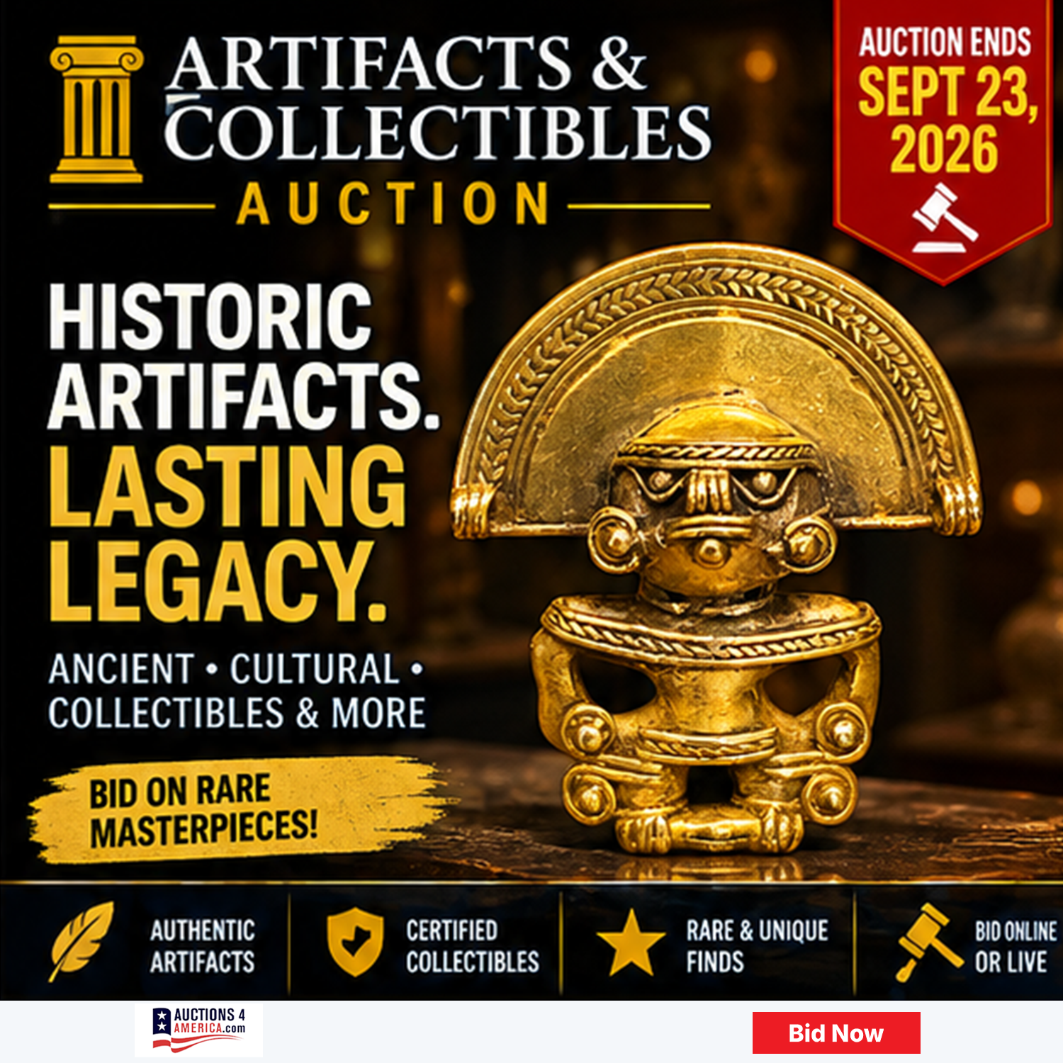 Auctions4America Facebook ad: Artifacts, Antiques & Rare Collectibles