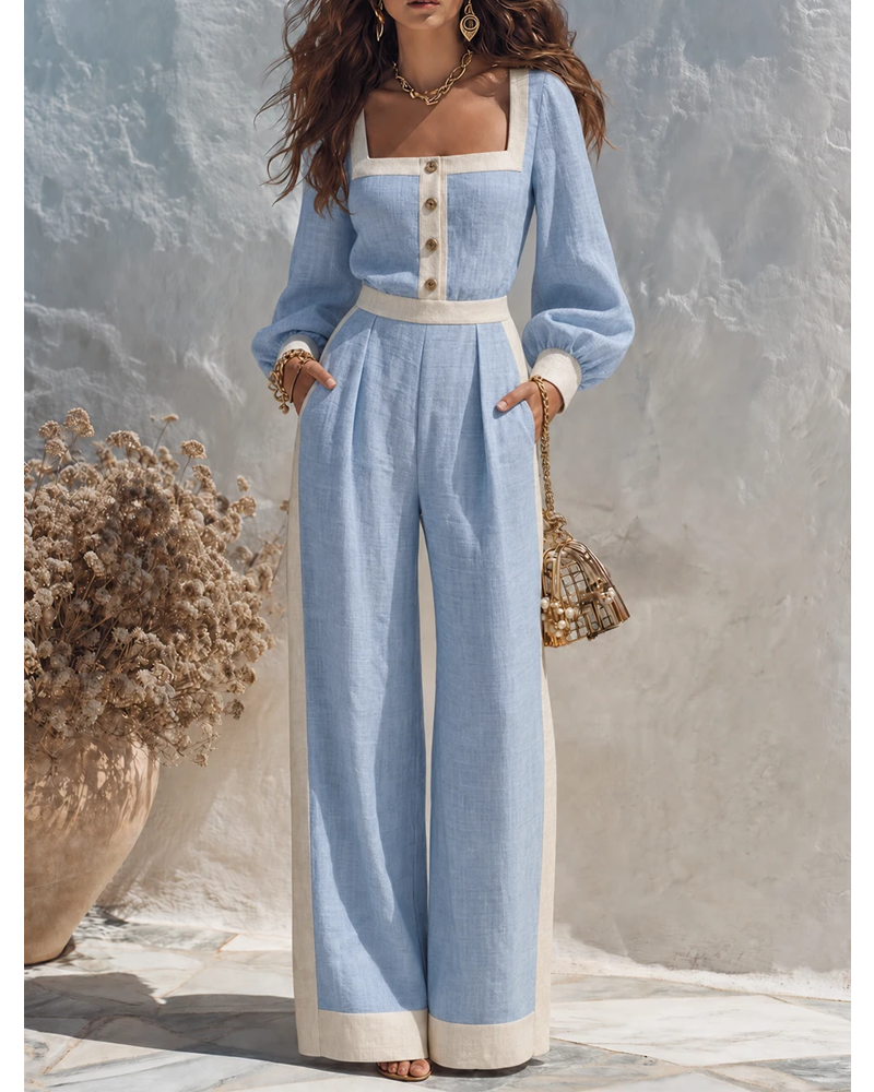 LuneMuse Facebook ad: Resort-style Square-neck Color-blocked Long-sleeved Top…