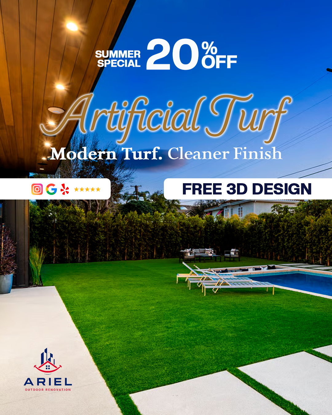 Ariel Outdoor Renovations Facebook ad: 20% Off Artificial Turf This Summer