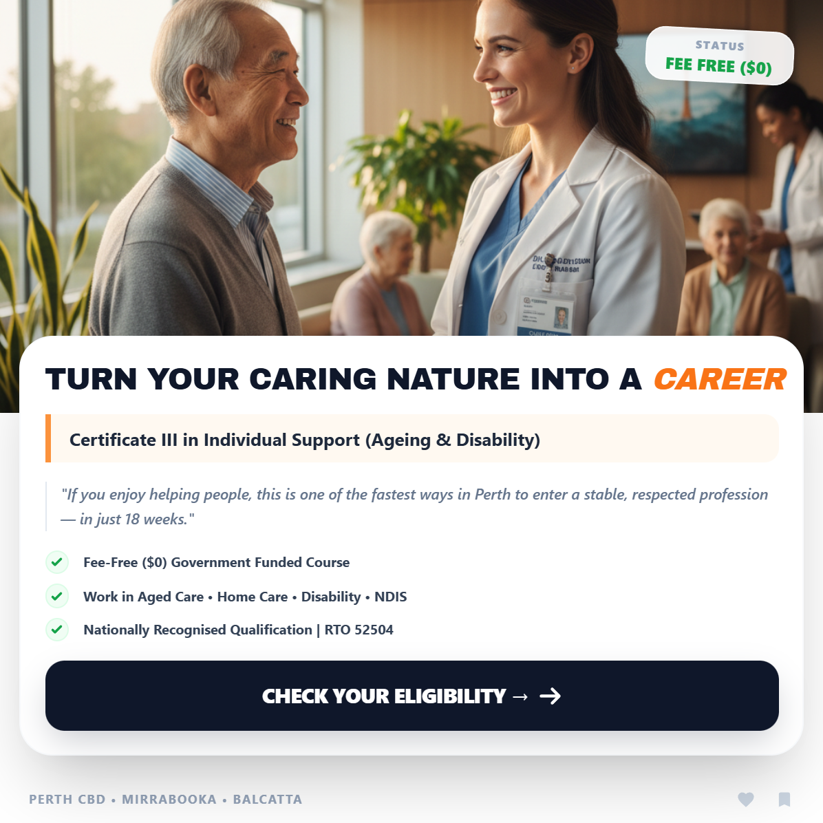LearnEd Training Facebook ad: Start Your Career in Aged Care & Disability, $0 Fees