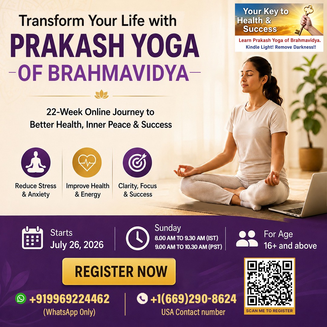 Brahmavidya Sadhak Sangh Facebook ad: Prakash Yoga 22-Week Online Journey, Focus, Health & Inner…