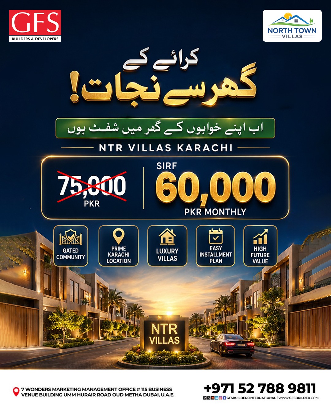 GFS International Facebook ad: North Karachi Villas, Starting at PKR 60,000 monthly