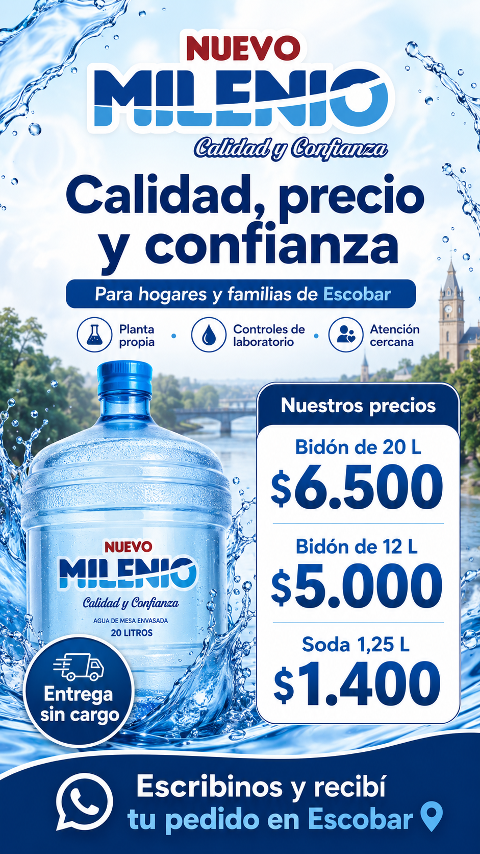 Nuevo Milenio Agua Facebook ad: Escobar: pagá menos por litro