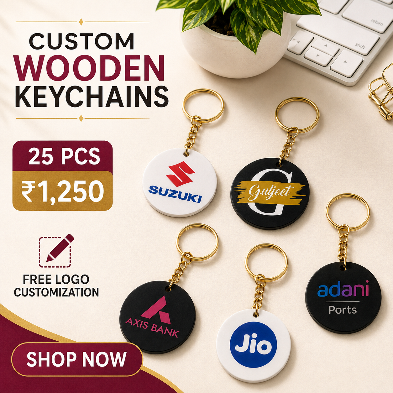 Gift Kya De Facebook ad: 25 Custom Wooden Keychains at ₹1,250