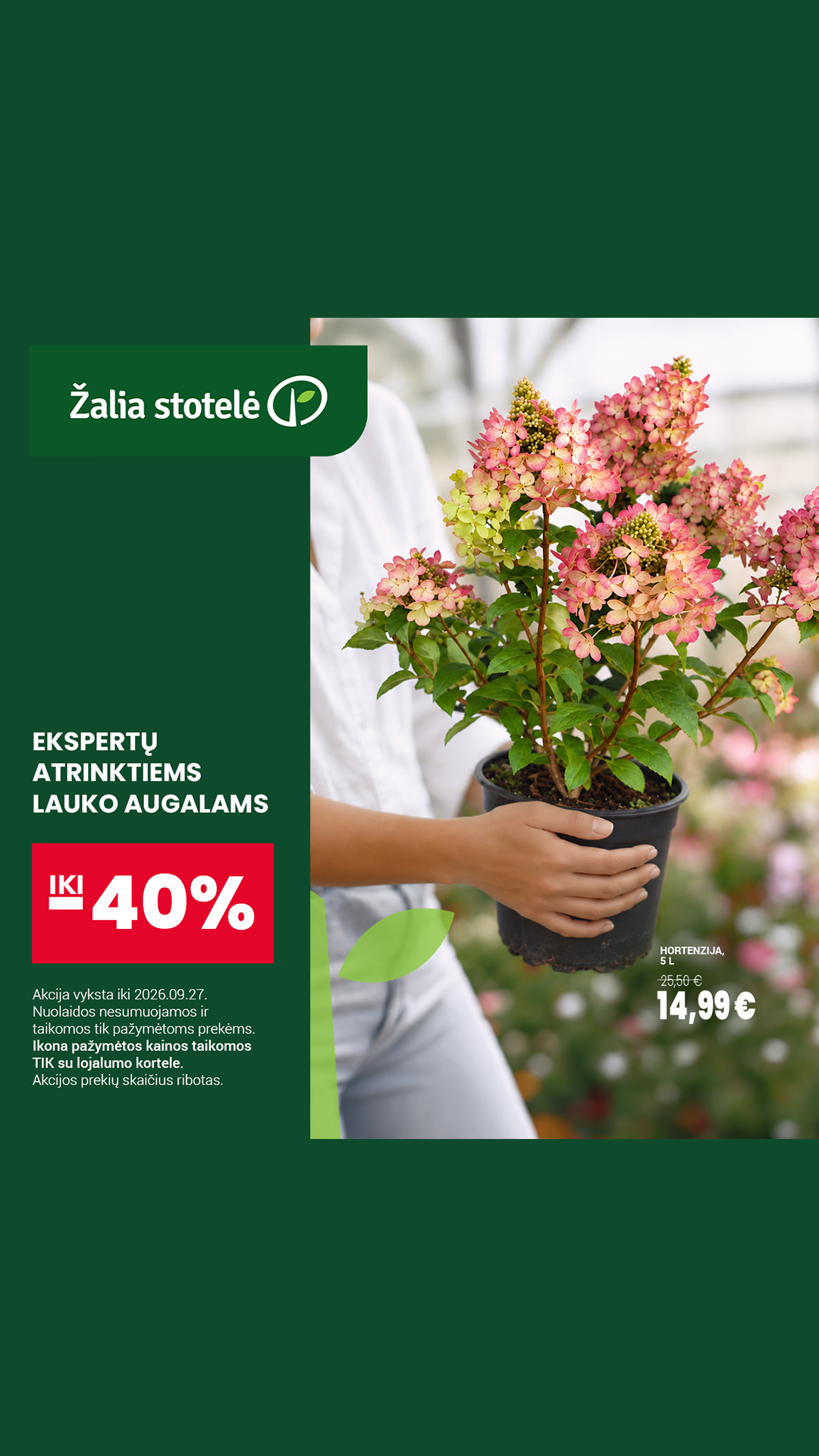 Žaliastotelė.lt Facebook ad: Atrinktiems lauko augalams iki -40%