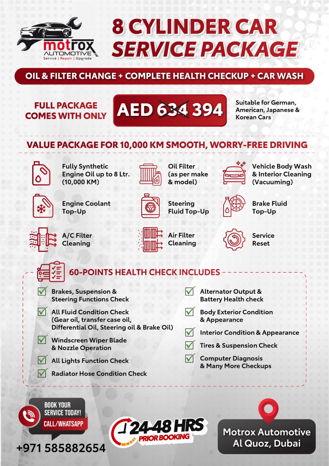 Motrox Automotive Facebook ad: 8 Cylinder Car Service Package at AED 394