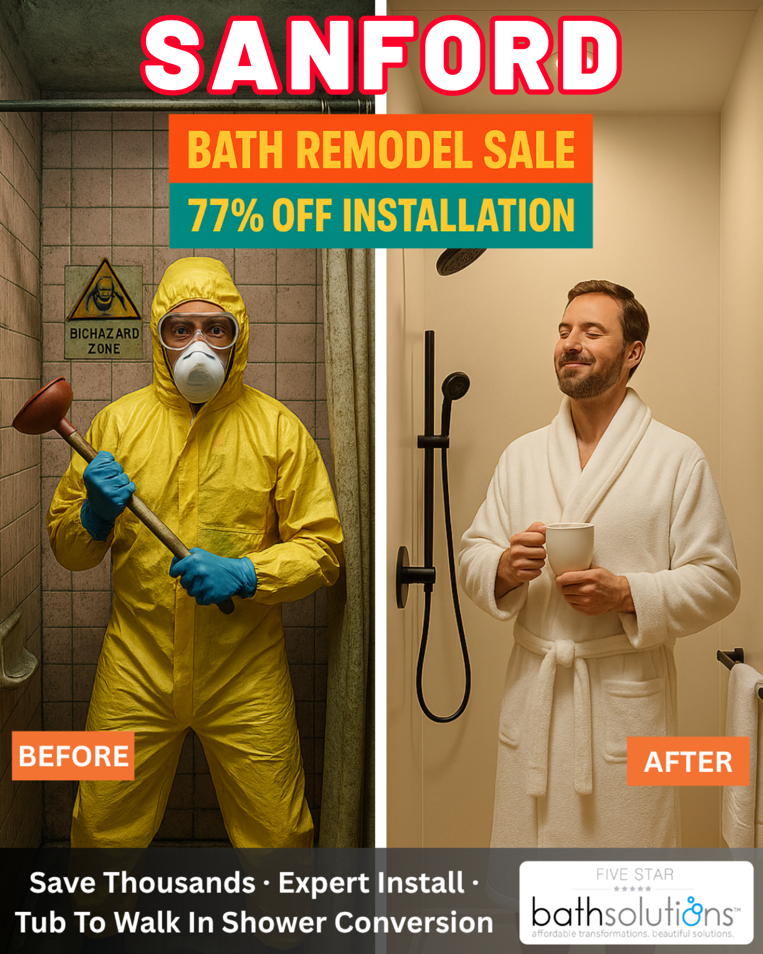 Five Star Bath Solutions Facebook ad: Save Thousands On A Bath Remodel In Sanford