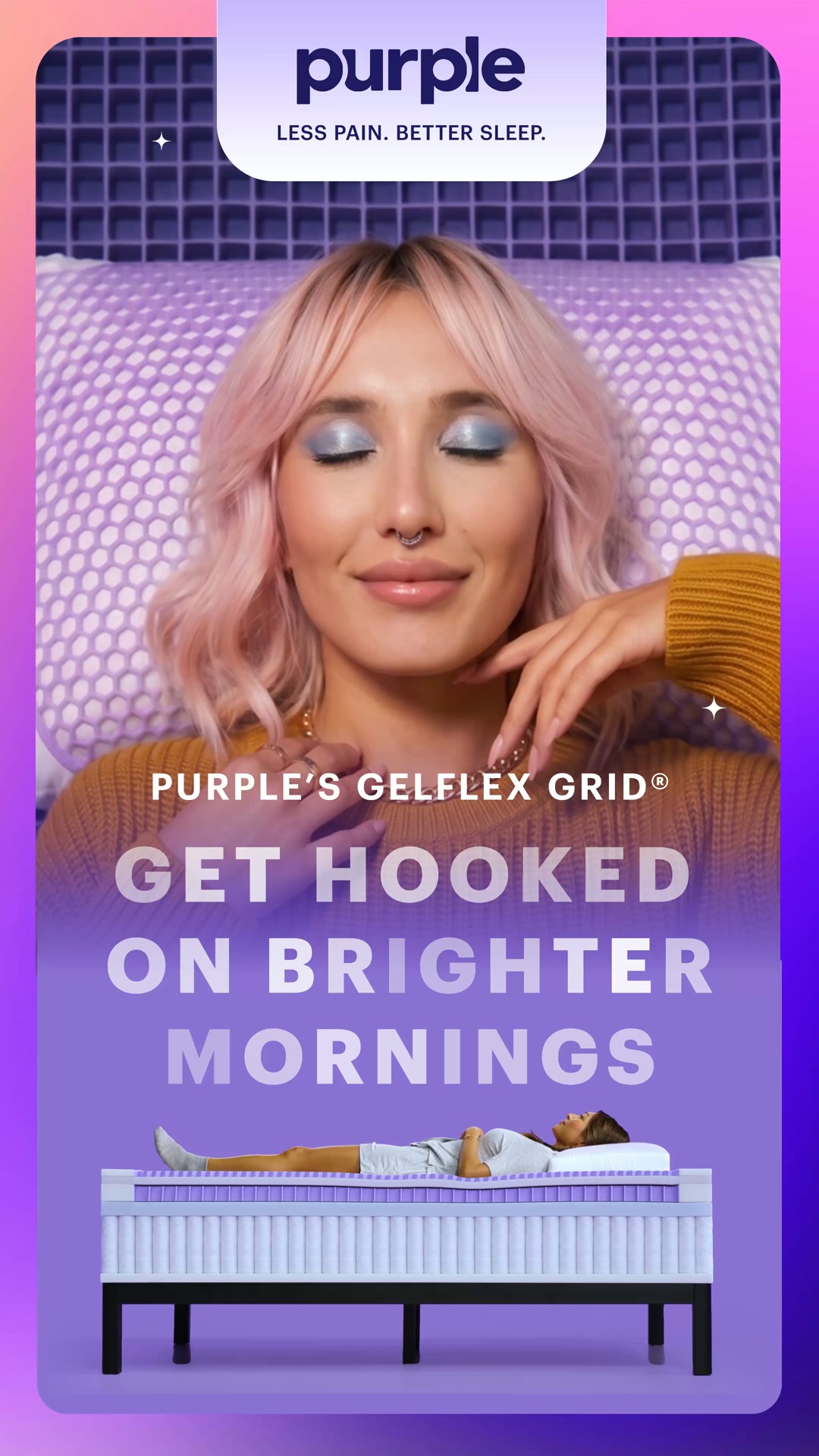 Purple Facebook ad: Get Hooked on Better Sleep