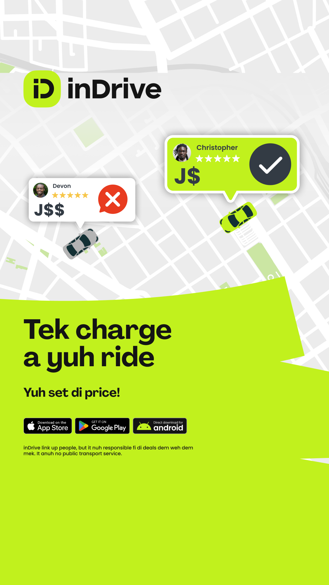inDrive Facebook ad: Pick more comfy ride weh affordable. Book yuh ride now.