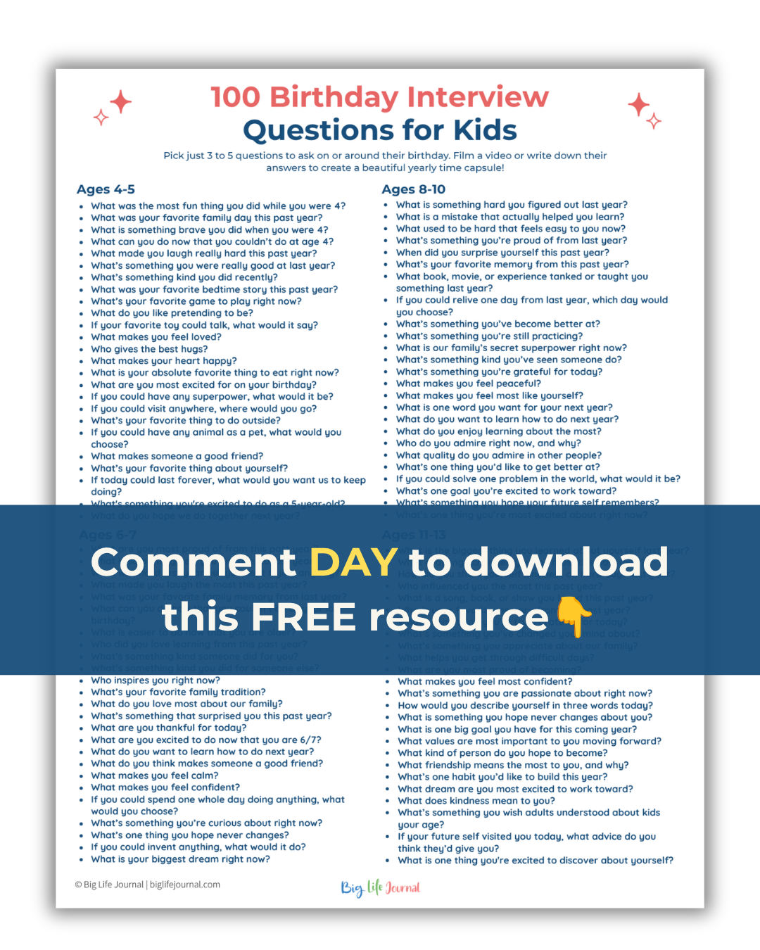 Big Life Journal Facebook ad: 100 Birthday Questions for Your Kids