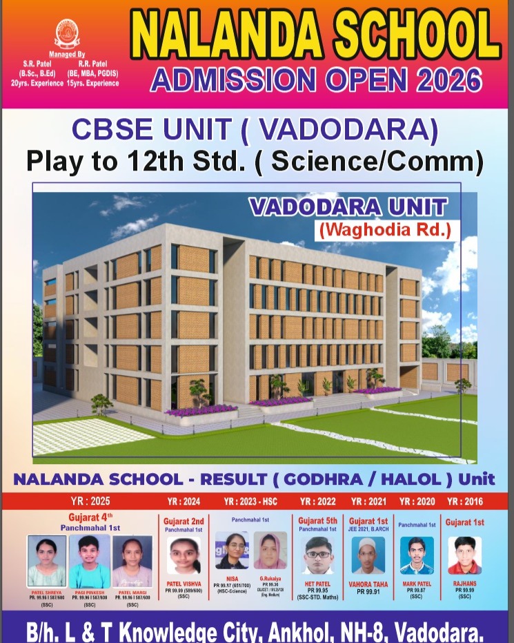 Nalanda School - CBSE Unit, Waghodia Road, Vadodara. Facebook ad: Admission Open 2026 - Play to 12th Science & Commerce (…