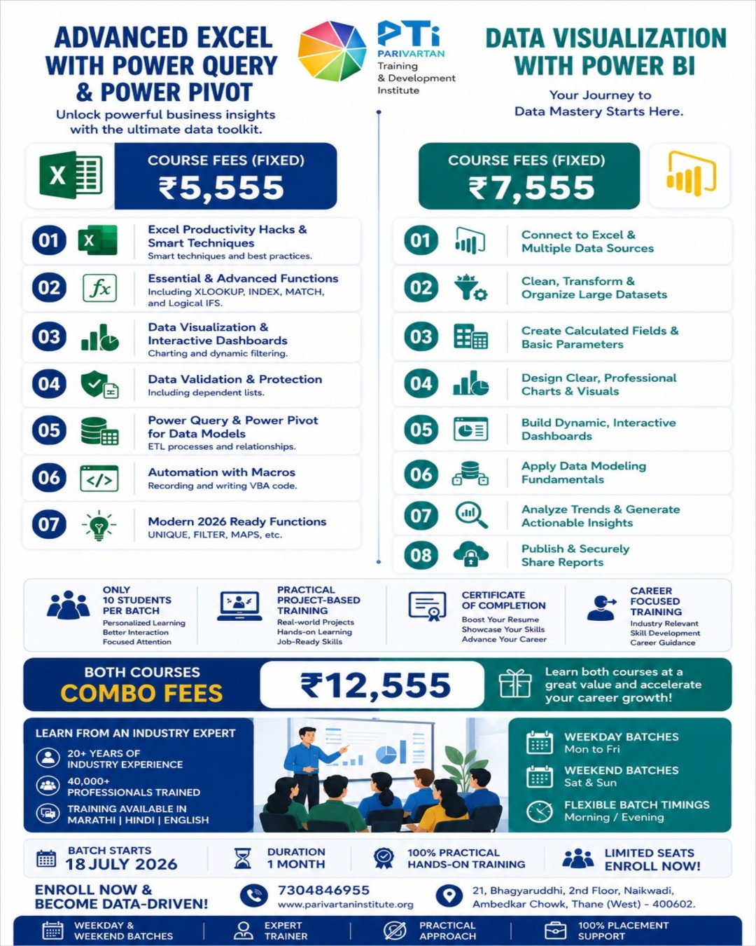 Parivartan Training and Development Institute Facebook ad: Admissions Extended to 18 July! Master Excel & Power BI…