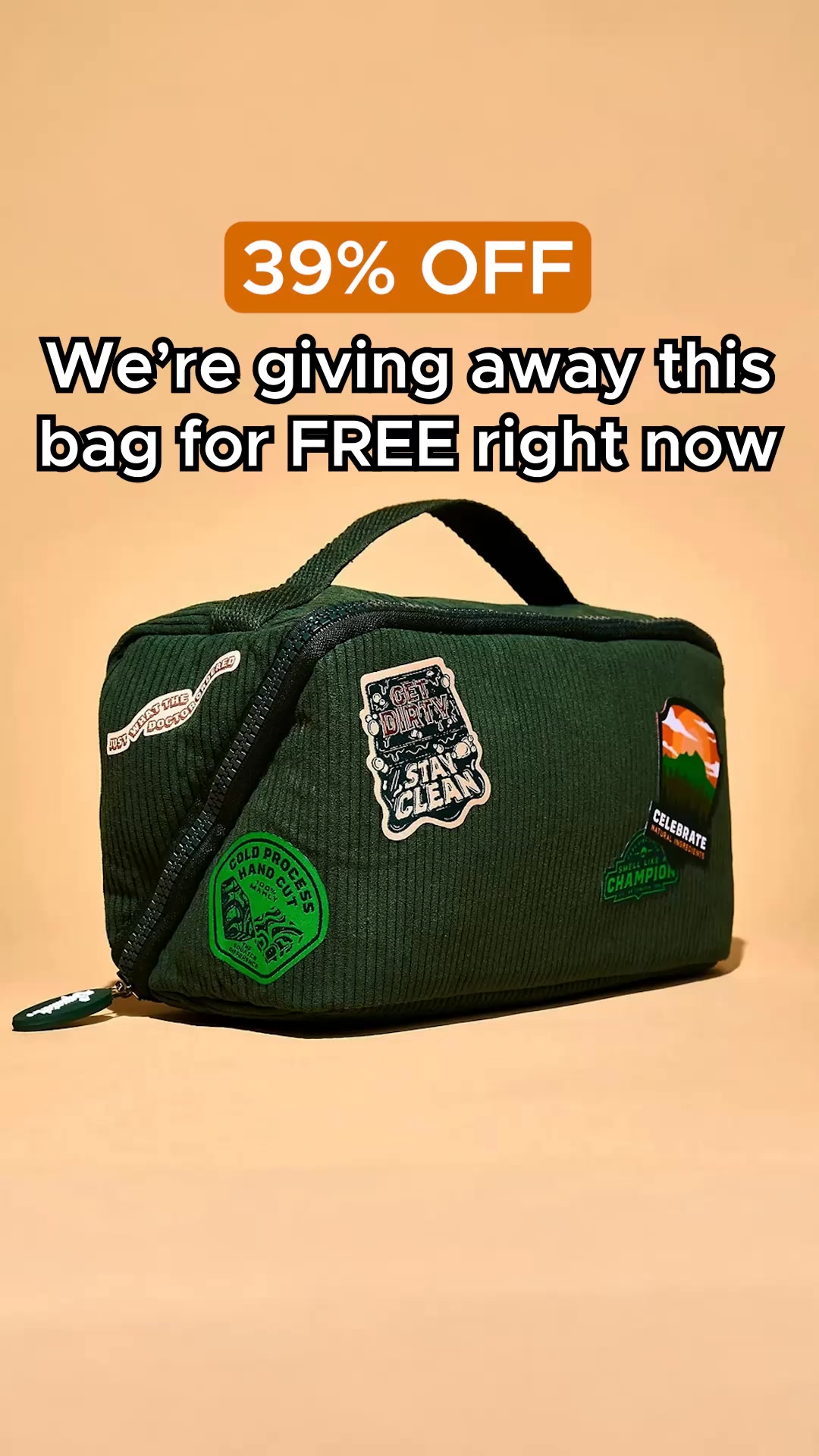 Dr. Squatch Facebook ad: FREE TOILETRY BAG + 38% OFF