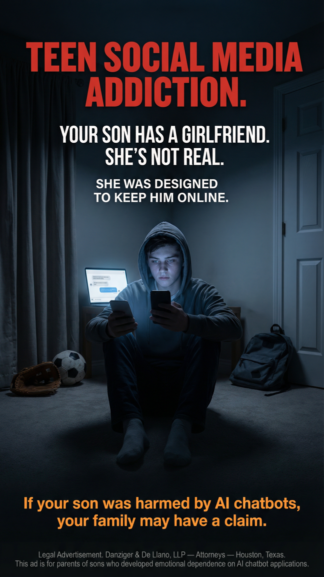 Social Media Addiction Claims Facebook ad: Your Son Has a Girlfriend. She's Not Real.