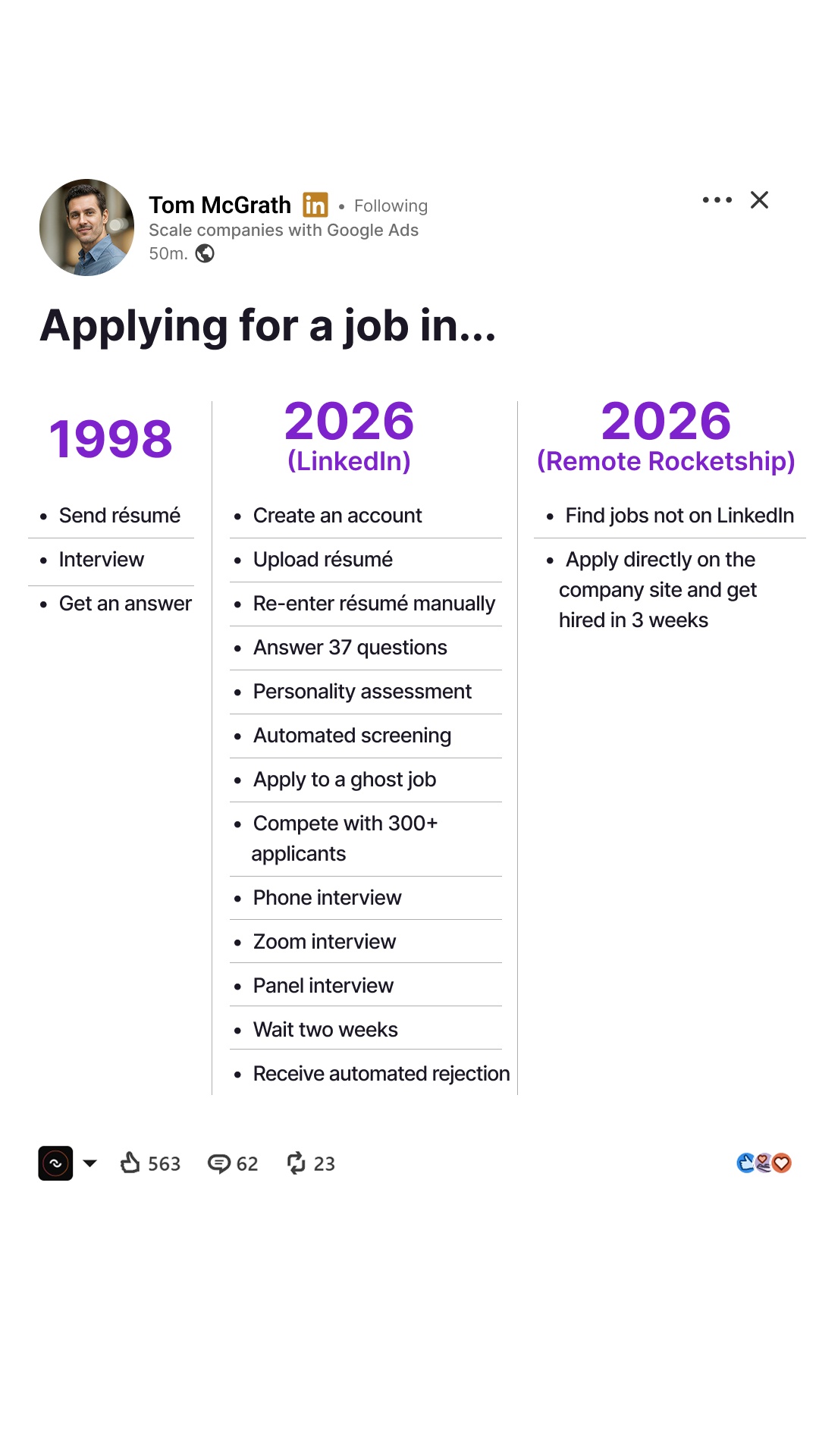 Remote Rocketship Facebook ad: By the time you see it on LinkedIn, the job is already gone.