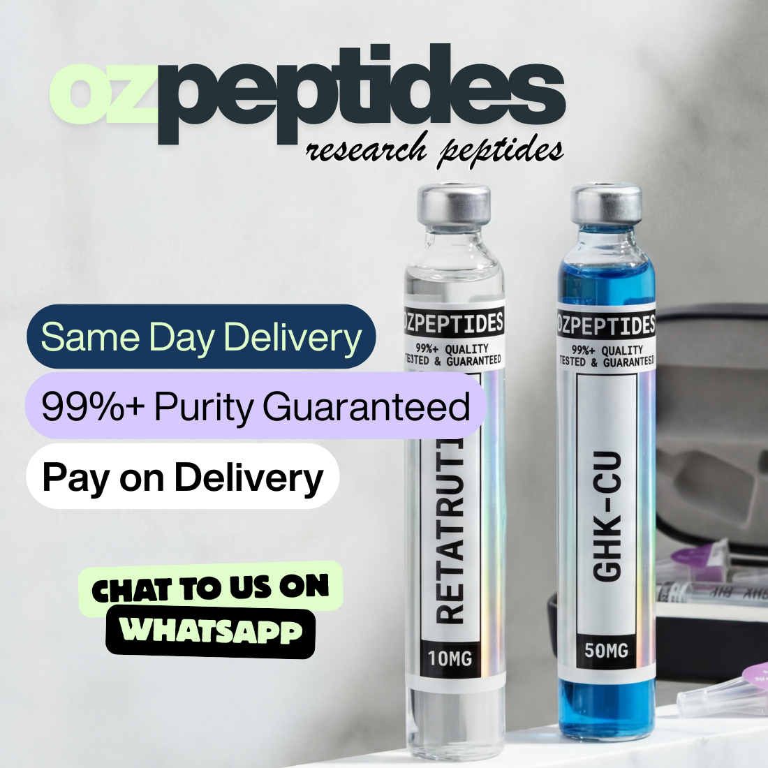OzPeptides Facebook ad: Same Day Delivery Available
