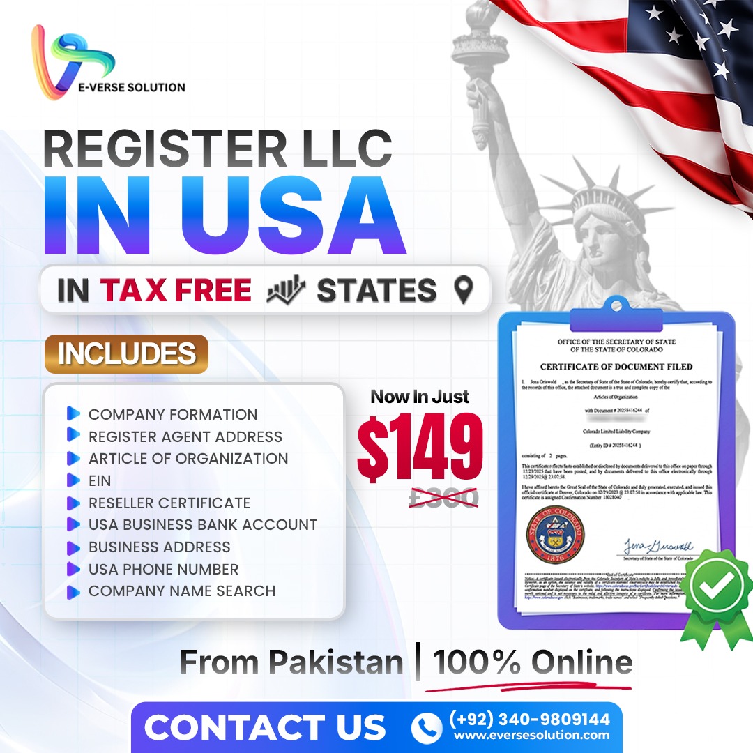 E-Verse Solutions Facebook ad: Start Your USA LLC from Pakistan, 100% Online!