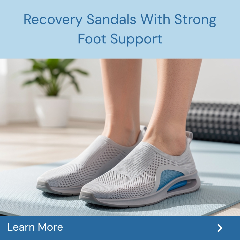 ExploreAnswers Flare Facebook ad: Recovery Sandals With Strong Foot Support.