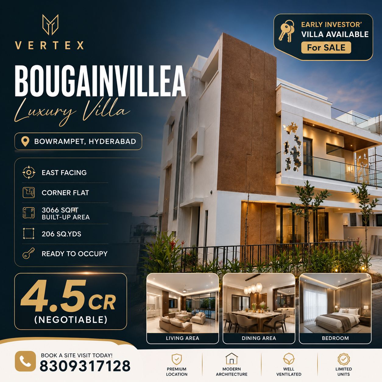 Property Finder Facebook ad: Luxury Villas in Bowrampet Starting at ₹4.5 Cr