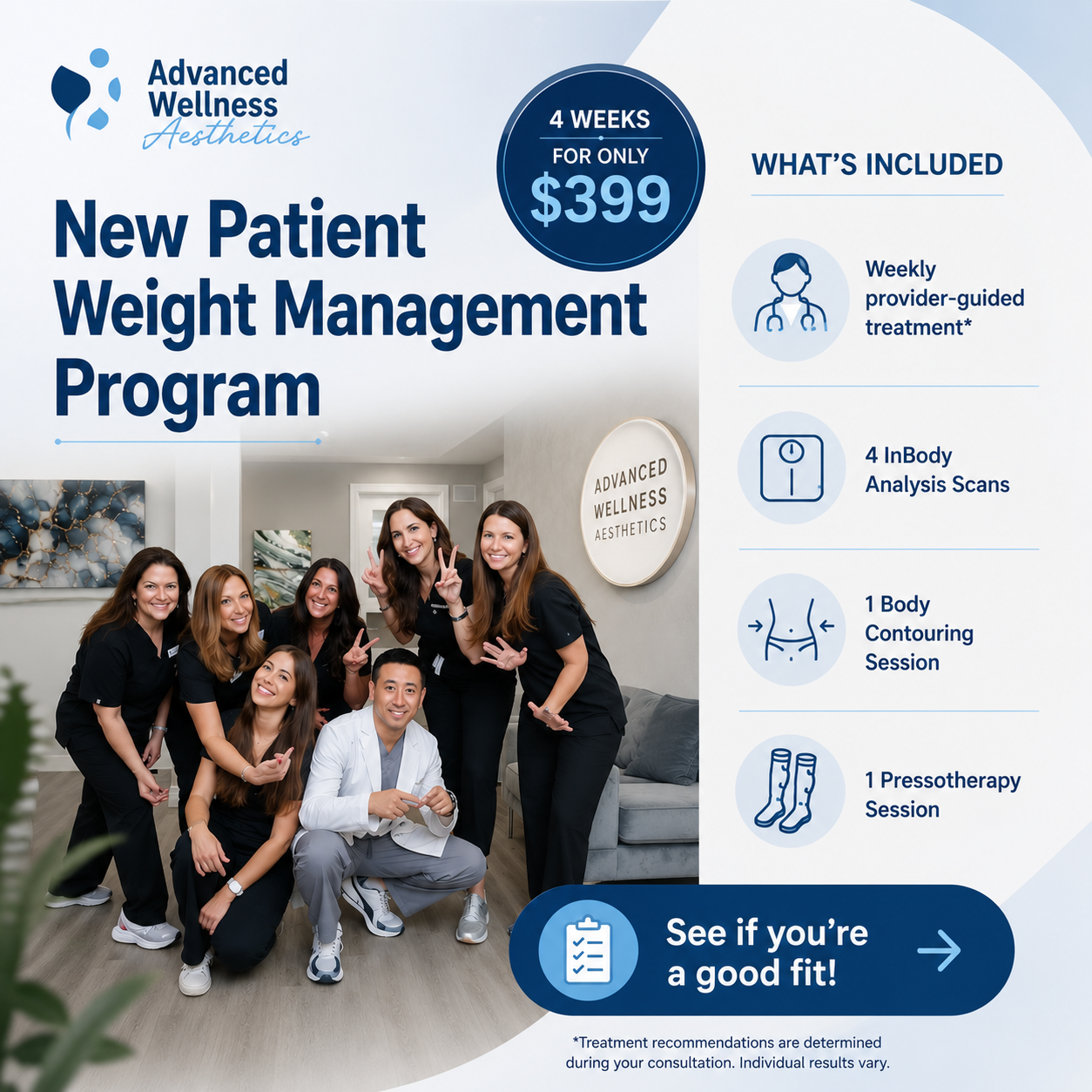 Advanced Wellness Aesthetics Facebook ad: New Patient Special, 4 Weeks for Only $399