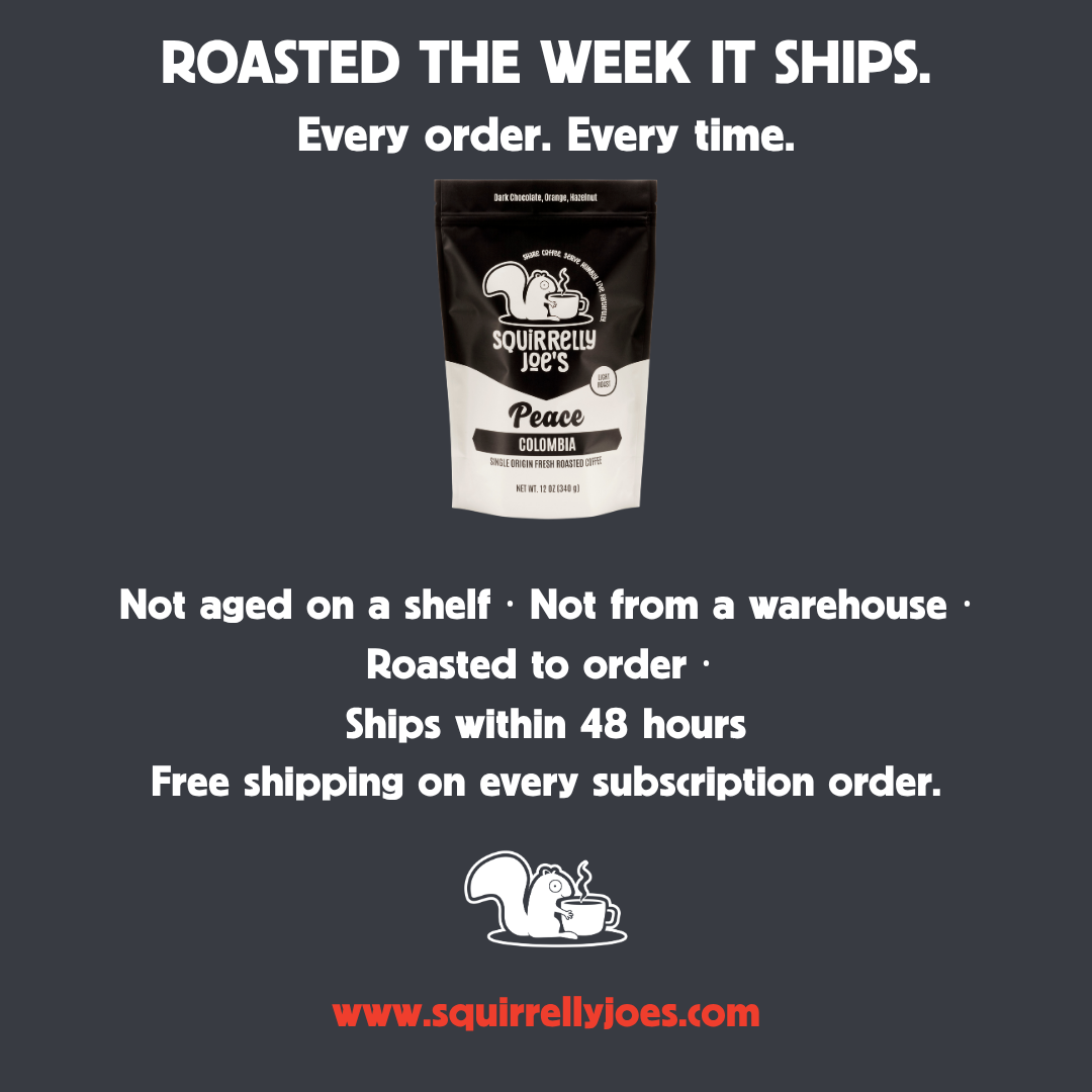 Squirrelly Joe's Coffee Co. Facebook ad: Roasted the week it ships. Every single order.